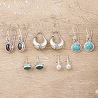 Gemstone earrings, 'Gem Trends' (set of 5) - Set of 5 Gemstone Earrings Crafted from Sterling Silver
