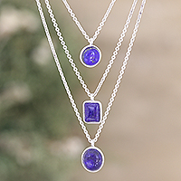 Lapis lazuli strand pendant necklace, 'Truth Shapes' - Sterling Silver 3-Strand Lapis Lazuli Pendant Necklace