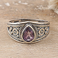 Amethyst cocktail ring, 'Wisdom Drop' - Polished Sterling Silver Cocktail Ring with an Amethyst Gem