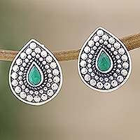 Onyx drop earrings, 'Memories of the Palace' - Pear-Shaped Green Onyx Drop Earrings Crafted in India