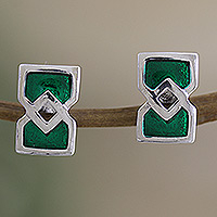 Sterling silver button earrings, 'Green Statement' - Sterling Silver Button Earrings with Green Painted Details