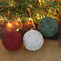 Beaded ornaments, 'Glowing Holiday' - Set of Three Beaded Christmas Ornaments Handcrafted in India