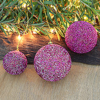 Beaded ornaments, 'Fuchsia Magic' - Set of Three Sparkling Beaded Ornaments in a Fuchsia Hue