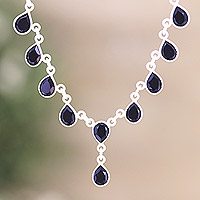 Onyx waterfall necklace, 'Midnight Droplets' - Polished Sterling Silver Waterfall Necklace with Onyx Gems