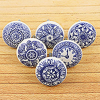 Ceramic knobs, 'Blue Imagination' (set of 6) - Set of 6 Handcrafted Blue Ceramic Knobs with Unique Patterns