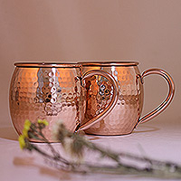 Copper beer mugs, 'Royal Celebration' (pair) - Pair of Handcrafted Copper Beer Mugs with Hammered Finish