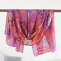 Silk shawl, 'Paisley Glam' - Multicolored Silk Shawl with Screen-Printed Paisley Motifs
