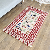 Wool rug, 'Crimson Traditions' (3x5) - Handloomed Geometric Wool Rug in Red and Ivory Hues (3x5)