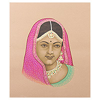 'Princess of Rajasthan' - Beaded Portrait Painting Made with Vibrant Natural Dyes