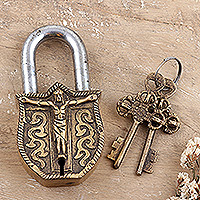Brass lock and key set, 'Faith Secret' (3 pieces) - Religious Brass Lock and Key Set Crafted in India (3 Pieces)