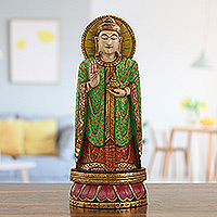 Wood sculpture, 'Standing Buddha' - Wood Standing Buddha Sculpture Carved and Painted by Hand