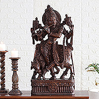 Teak wood sculpture, 'Krishna and Hastin' - Krishna and Bull Sculpture Hand-Carved in Teak Wood in India