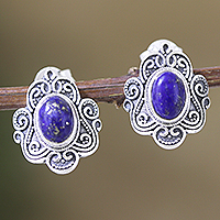 Lapis lazuli button earrings, 'India's Royalty' - Sterling Silver Button Earrings with Lapis Lazuli Jewels