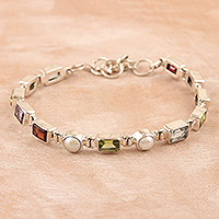 Multi-gemstone link bracelet, 'United Pearly Gems' - 11-Carat Faceted Multi-Gemstone Link Bracelet with Pearls