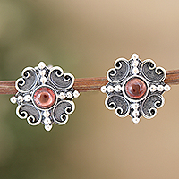 Garnet button earrings, 'Perseverance Dame' - Classic Sterling Silver Button Earrings with Garnet Gems