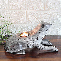Wood tealight candleholder, ‘Croaks of Light’ - Handcrafted Frog-Themed Mango Wood Tealight Candleholder