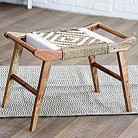 Wood and cotton stool, ‘Serene Elegance’ - Handcrafted Mango Wood and Cotton Stool from India