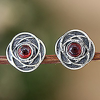 Garnet button earrings, 'Flourishing Perseverance' - Floral-Inspired Button Earrings with Natural Garnet Gems