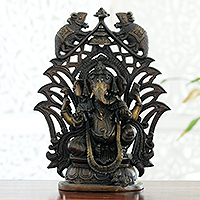 Brass sculpture, 'Glorious Ganesha' - Antiqued Finished Brass Sculpture of a Ganesha and Mice
