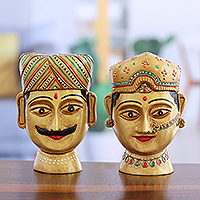 Wood sculptures, 'Couple from Rajasthan I' (set of 2) - Set of 2 Classic Hand-Painted Kadam Wood Sculptures