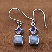 Rainbow moonstone and amethyst dangle earrings, 'Misty Harmony' - Silver Dangle Earrings with Rainbow Moonstones and Amethysts