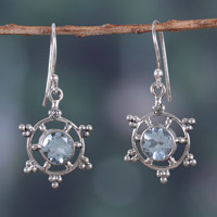 Blue topaz dangle earrings, 'Chic Wheel' - Ship Wheel-Shaped Silver Dangle Earrings with Blue Topaz