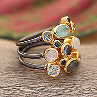 Gold-accented multi-gemstone cocktail ring, 'Multicolored Fusion' - Modern Gold-Accented Multi-Gemstone Cocktail Ring from India