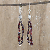 Garnet beaded dangle earrings, 'Paths of Devotion' - Sterling Silver Beaded Dangle Earrings with Garnet Jewels