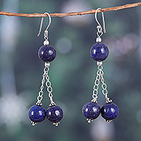 Lapis lazuli dangle earrings, 'Dancing Intellect' - Sterling Silver Dangle Earrings with Lapis Lazuli Beads