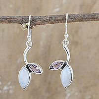 Rainbow moonstone and amethyst dangle earrings, 'Chic Leaf' - Rainbow Moonstone Amethyst and Silver Leaf Dangle Earrings