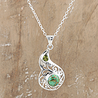 Peridot pendant necklace, 'Lagoon Harmony' - Faceted Peridot and Composite Turquoise Pendant Necklace