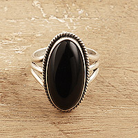 Onyx single stone ring, 'Piece of Night' - Handcrafted Onyx and Sterling Silver Single Stone Ring