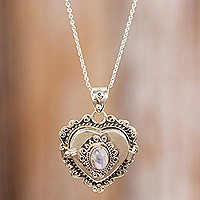 Rainbow moonstone locket pendant necklace, 'Harmonious Passion' - Heart Locket Pendant Necklace with Natural Rainbow Moonstone