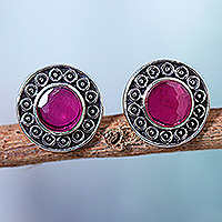 Onyx button earrings, 'Confidence Bloom' - Floral Sterling Silver Button Earrings with Pink Onyx Gems