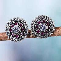 Onyx and cubic zirconia button earrings, 'Dotted Blossom' - Pink Onyx Cubic Zirconia and Silver Floral Button Earrings