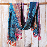 Jamawar wool shawl, 'Regal Splendor' - Woven Fringed Jamawar Wool Shawl in Blue Purple & Yellow