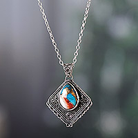 Sterling silver pendant necklace, 'Colorful Kite' - Kite-Shaped Recon Turquoise Pendant Necklace from India