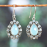 Blue topaz and chalcedony dangle earrings, 'Paradise Present' - Seven-Carat Blue Topaz and Chalcedony Dangle Earrings
