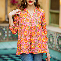 Block-printed cotton tunic, 'Evening Spring' - Block-Printed Floral Pink and Yellow Cotton Tunic from India