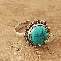 Reconstituted turquoise cocktail ring, 'Sea Bloom' - Sterling Silver Cocktail Ring with Reconstituted Turquoise