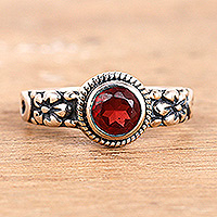 Garnet single stone ring, 'Blossoming Red' - Floral and Leafy Sterling Silver Garnet Single Stone Ring