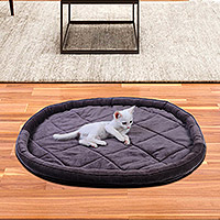 Quilted pet bed, 'Oval Comfort' - Oval Grey Faux Velvet Quilted Pet Bed from India