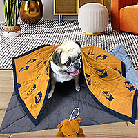 Cotton pet blanket, 'Honey Nap' - Dog-Themed Printed Cotton Pet Blanket in Honey and Navy