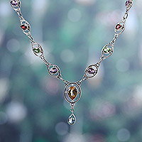 Multi-gemstone link Y necklace, 'Vibrant Magic' - 12-Carat Multi-Gemstone Sterling Silver Link Y Necklace