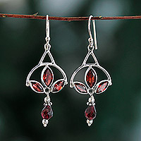 Garnet dangle earrings, 'Enthralling Red' - Polished Sterling Silver Dangle Earrings with Garnet Stones