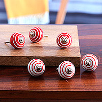 Decorative ceramic knobs, 'Red Essence' (set of 6) - Set of Six Handcrafted Striped Red and White Ceramic Knobs