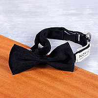Pet collar, 'Royal Elegance in Onyx' - Faux Velvet Adjustable Pet Collar with Bow Tie in Onyx