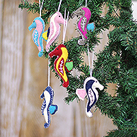 Wool ornaments, 'Oneiric Seahorses' (set of 6) - Set of 6 Handcrafted Embroidered Wool Seahorse Ornaments