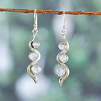 Rainbow moonstone dangle earrings, 'Swirling Mistiness' - Modern Sterling Silver Rainbow Moonstone Dangle Earrings