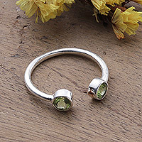 Peridot wrap ring, 'Trendy Gleam' - Polished Sterling Silver Wrap Ring with 2 Peridot Stones